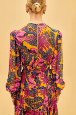 FARM Rio YELLOW FRUIT DREAM LONG SLEEVE MINI DRESS