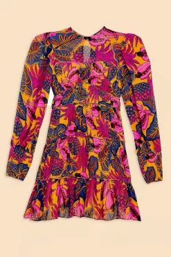 FARM Rio YELLOW FRUIT DREAM LONG SLEEVE MINI DRESS