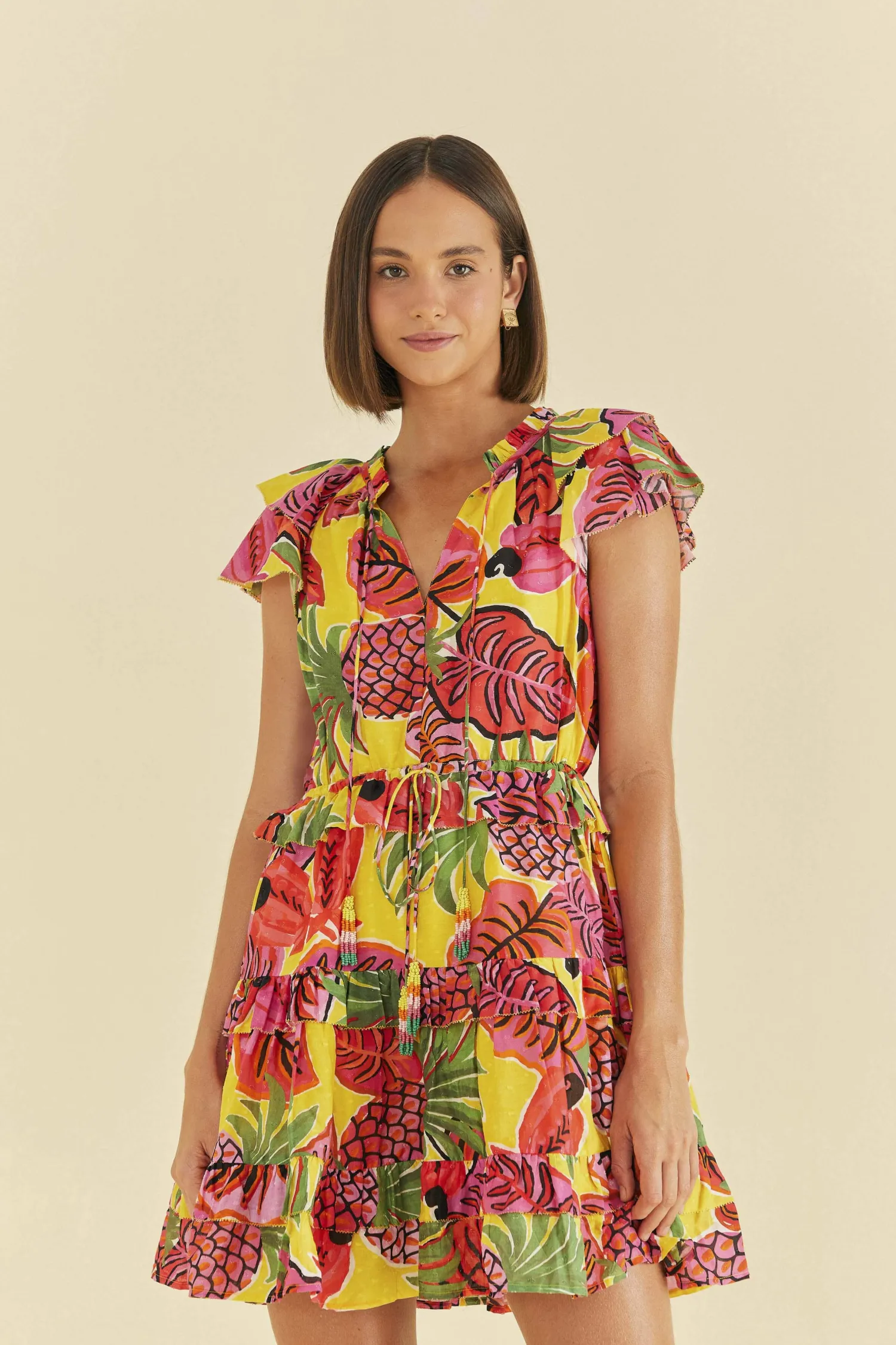 FARM Rio YELLOW FRUIT DREAM RUFFLE MINI DRESS