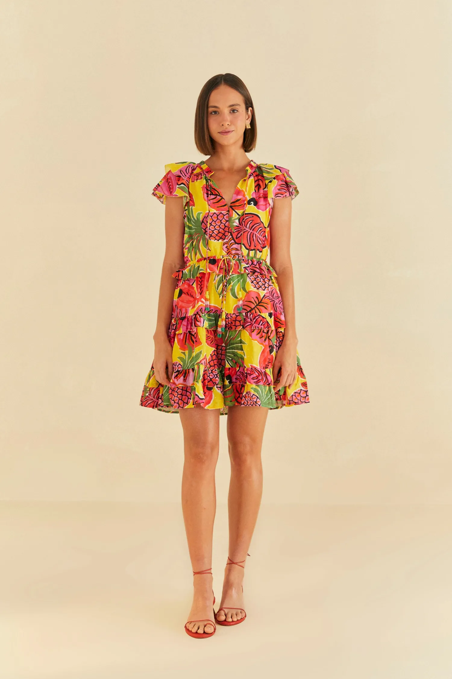 FARM Rio YELLOW FRUIT DREAM RUFFLE MINI DRESS