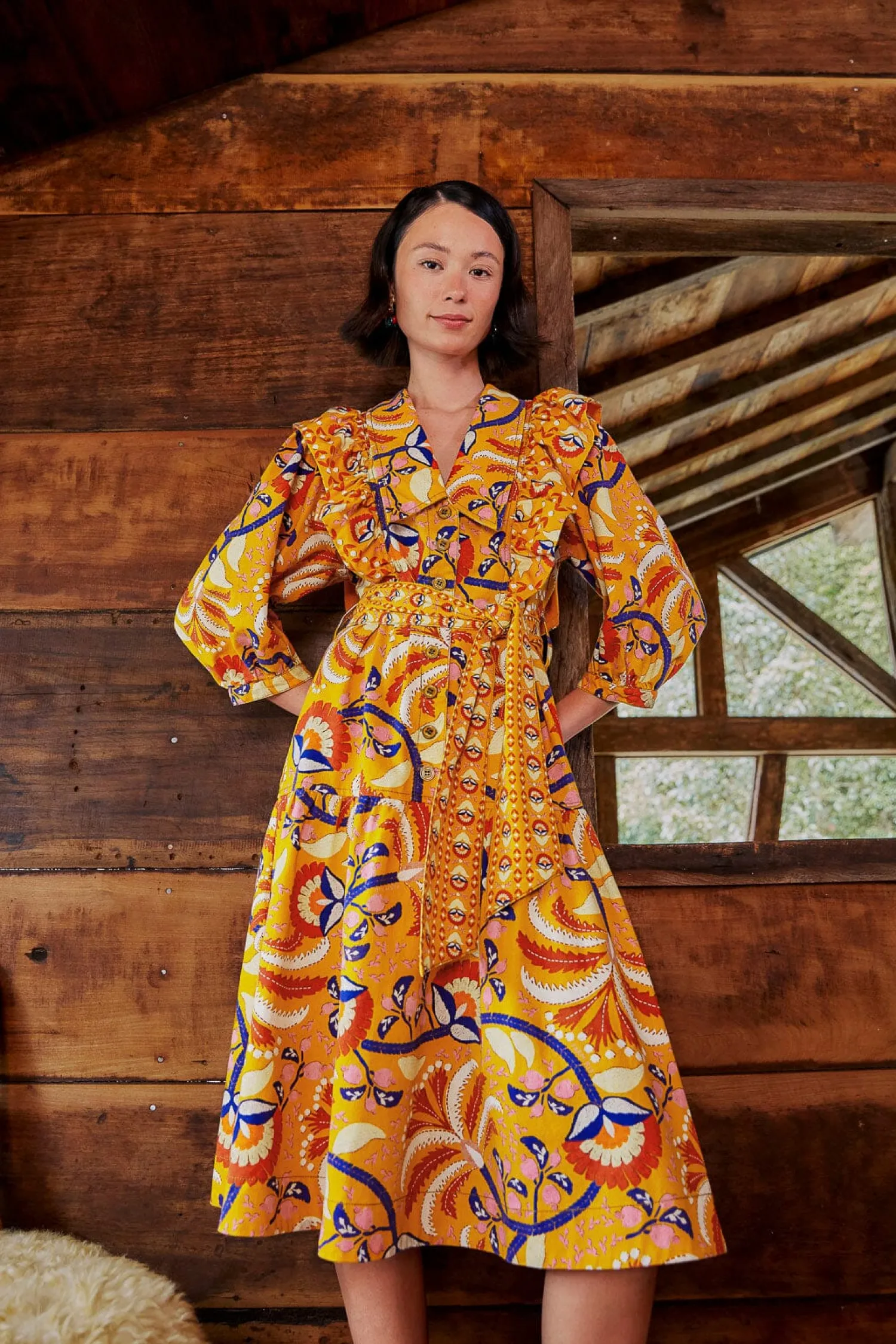 FARM Rio YELLOW PALMS PARTY MIDI DRESS
