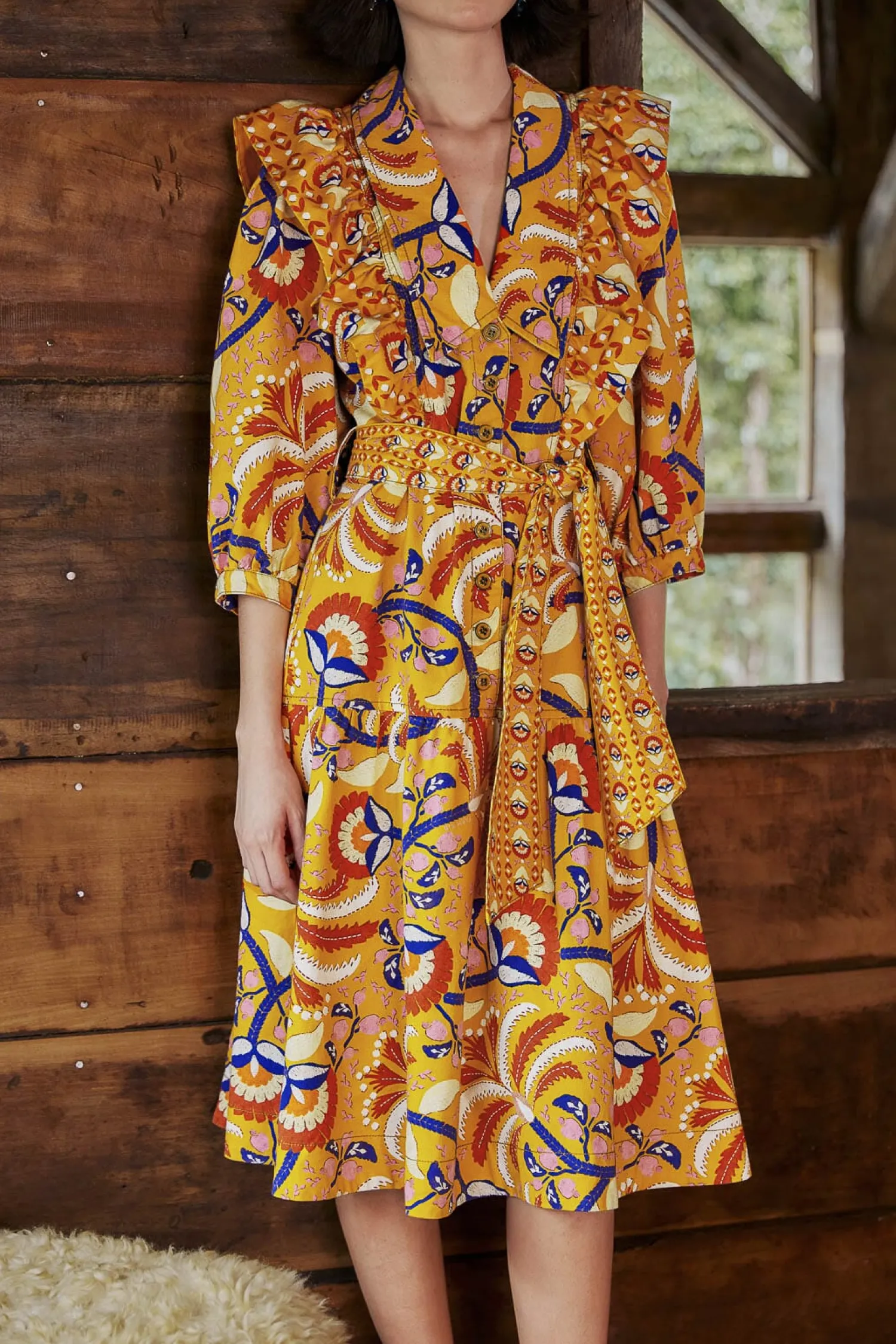 FARM Rio YELLOW PALMS PARTY MIDI DRESS
