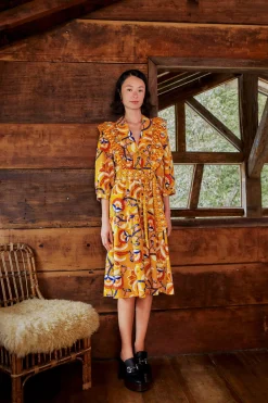 FARM Rio YELLOW PALMS PARTY MIDI DRESS