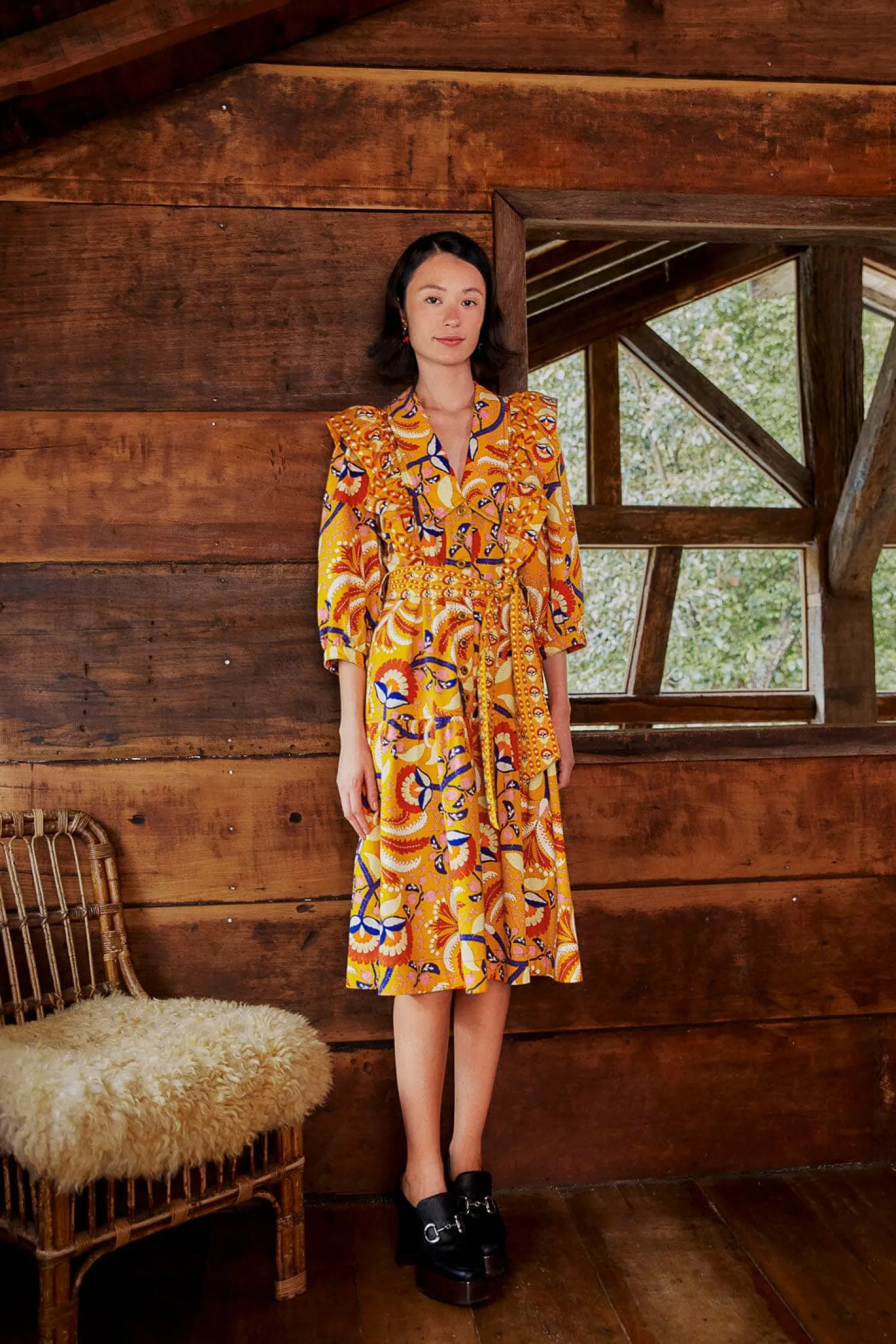 FARM Rio YELLOW PALMS PARTY MIDI DRESS