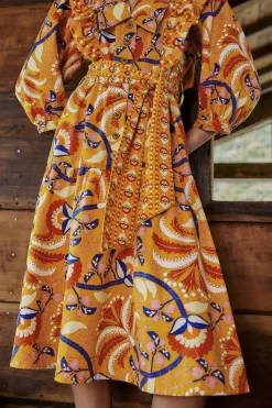 FARM Rio YELLOW PALMS PARTY MIDI DRESS