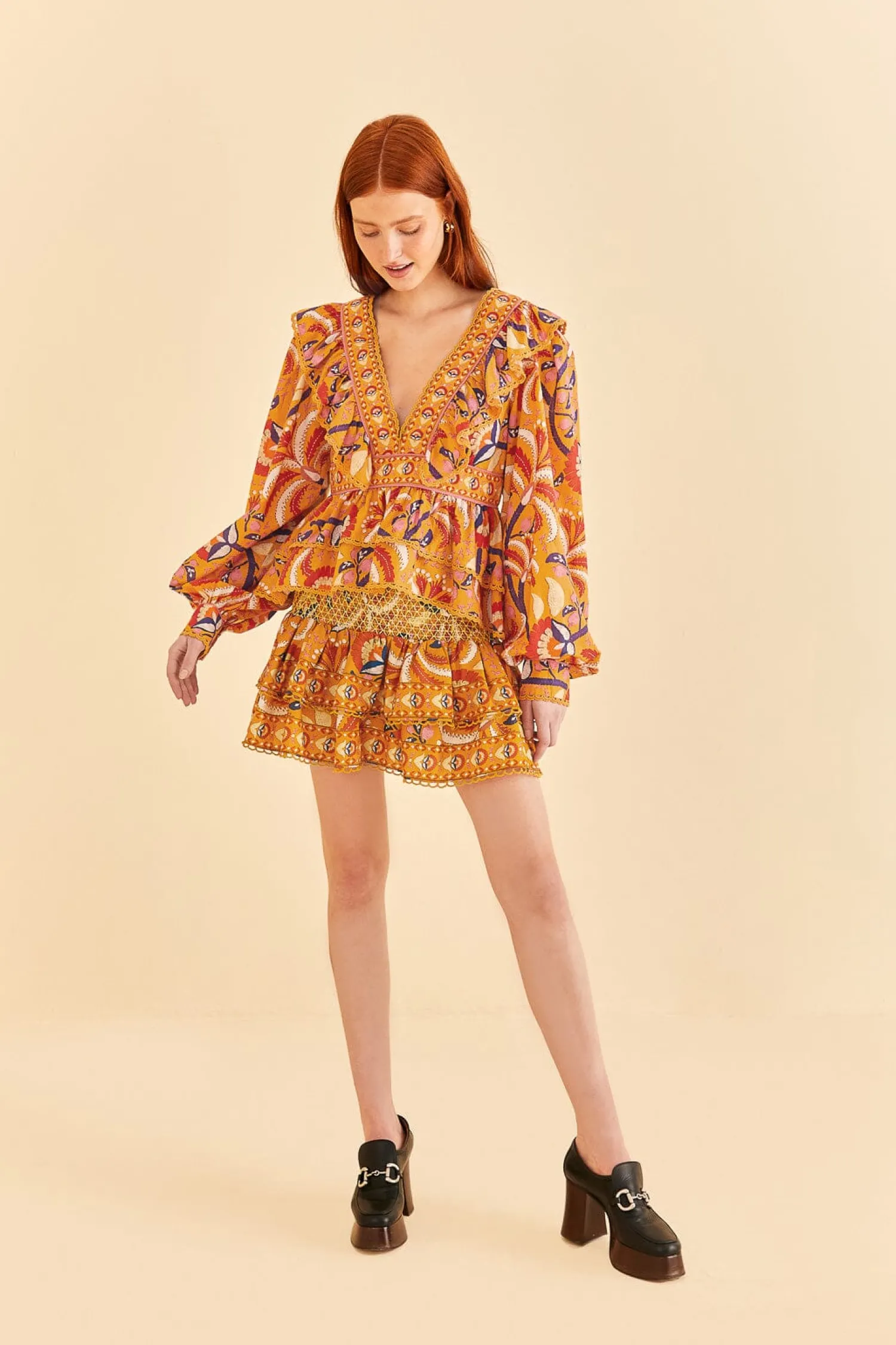 FARM Rio YELLOW PALMS PARTY RUFFLE BLOUSE