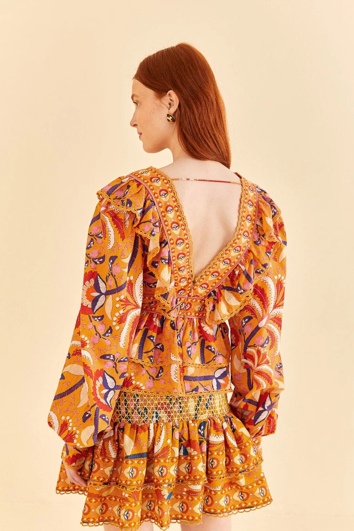 FARM Rio YELLOW PALMS PARTY RUFFLE BLOUSE