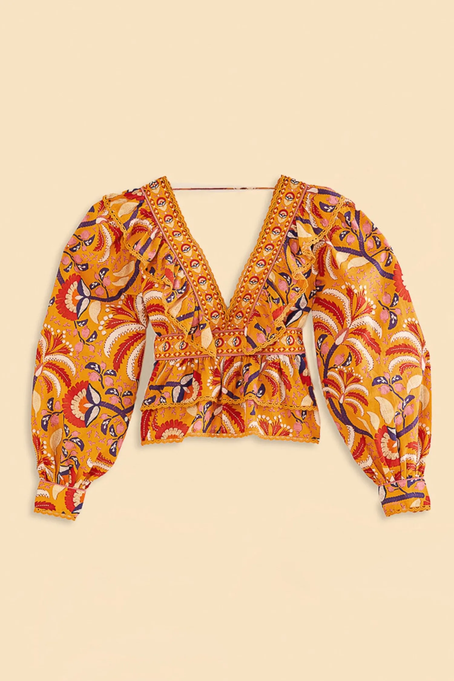 FARM Rio YELLOW PALMS PARTY RUFFLE BLOUSE