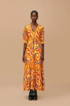 FARM Rio  YELLOW PALMS PARTY SHORT SLEEVE MAXI DRESS