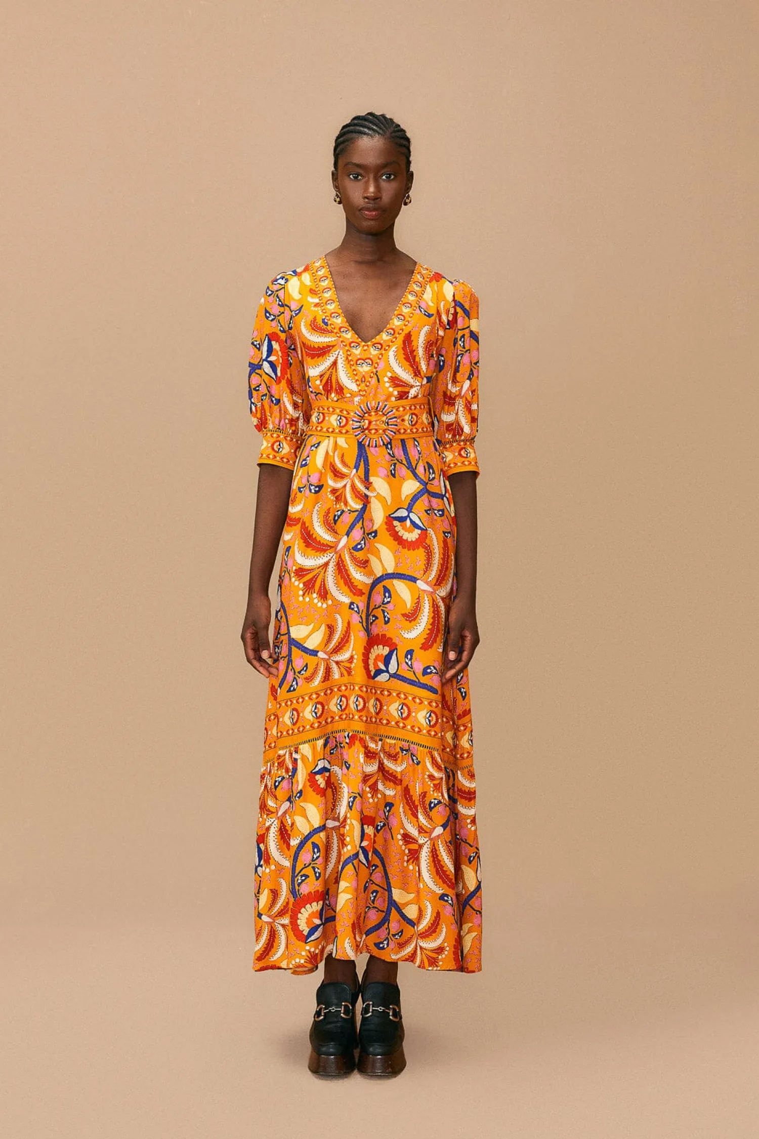 FARM Rio YELLOW PALMS PARTY SHORT SLEEVE MAXI DRESS