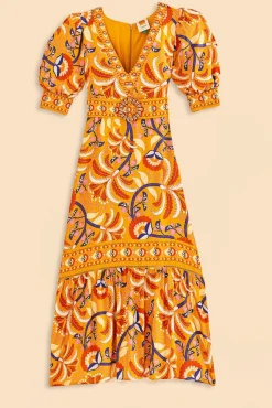 FARM Rio YELLOW PALMS PARTY SHORT SLEEVE MAXI DRESS