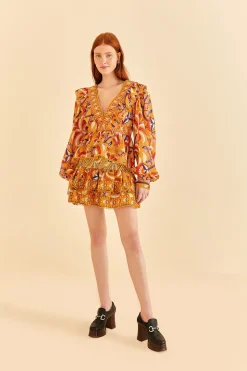 FARM Rio  YELLOW PALMS PARTY SMOCKED MINI SKIRT